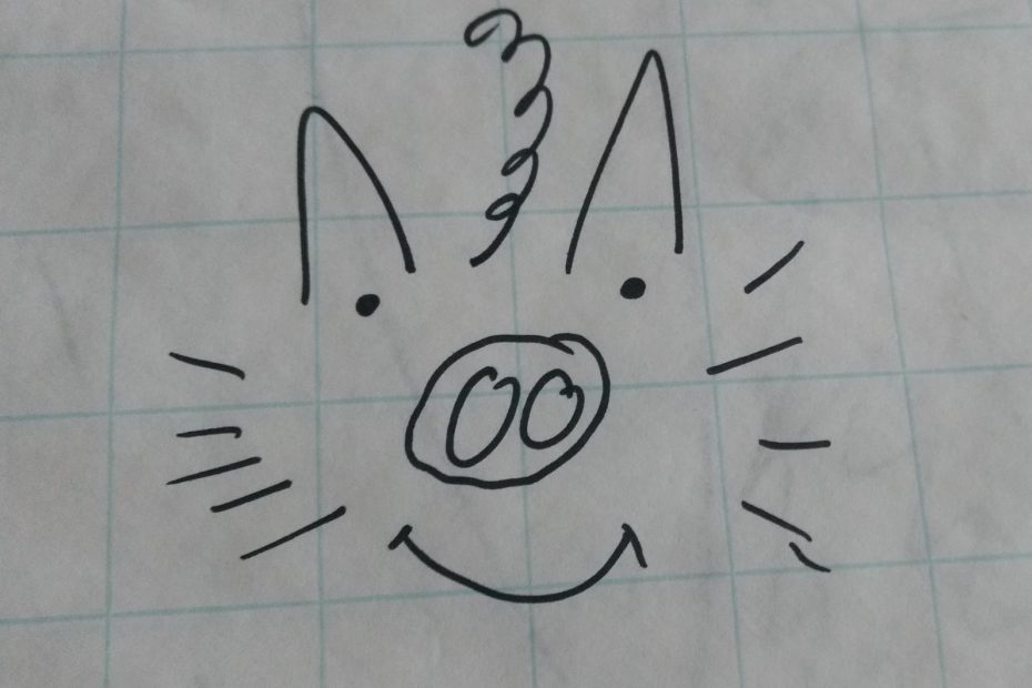 Das Bild zeigt ein selbstgezeichnetes Gesicht, bestehend aus einer Schweineschnauze, Hundeohren und einer Rute. Es soll den inneren Schweinehund darstellen.