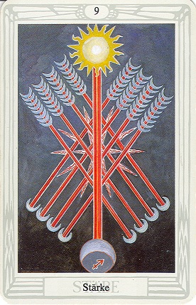 Tarotkarte "9 Stäbe" aus dem Crowley-Tarot als Karte am Geburtstag 2021.
