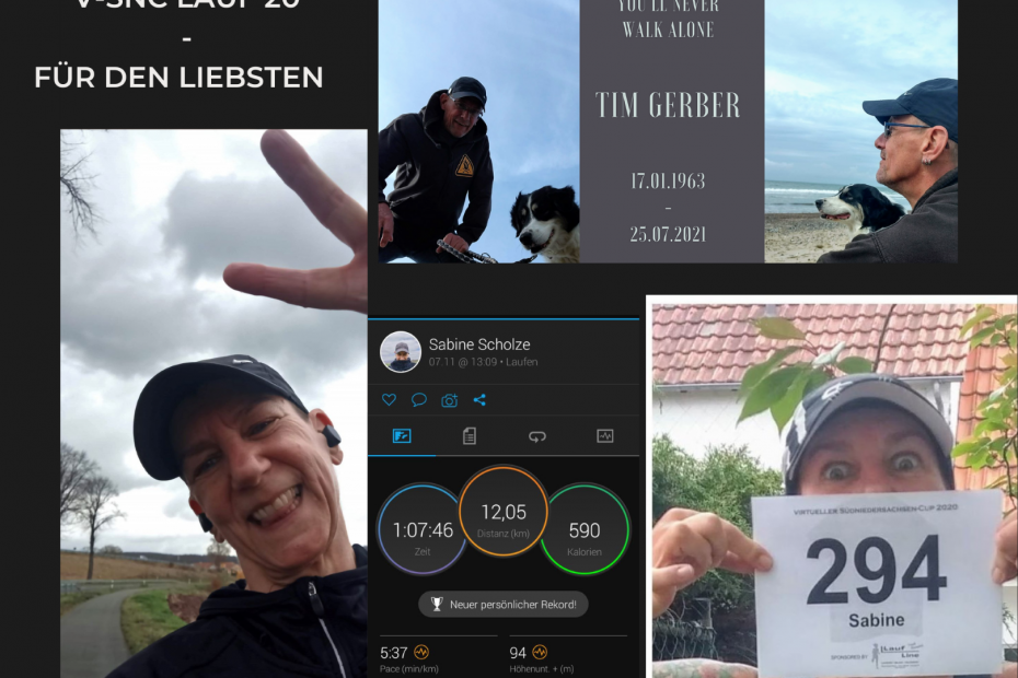 Eine Collage aus Fotos von Sabine Scholze, ihrem im Juli 2021 verstorbenen Mann, dem Hund Frollein Frieda und einem Screenshot des Laufes.