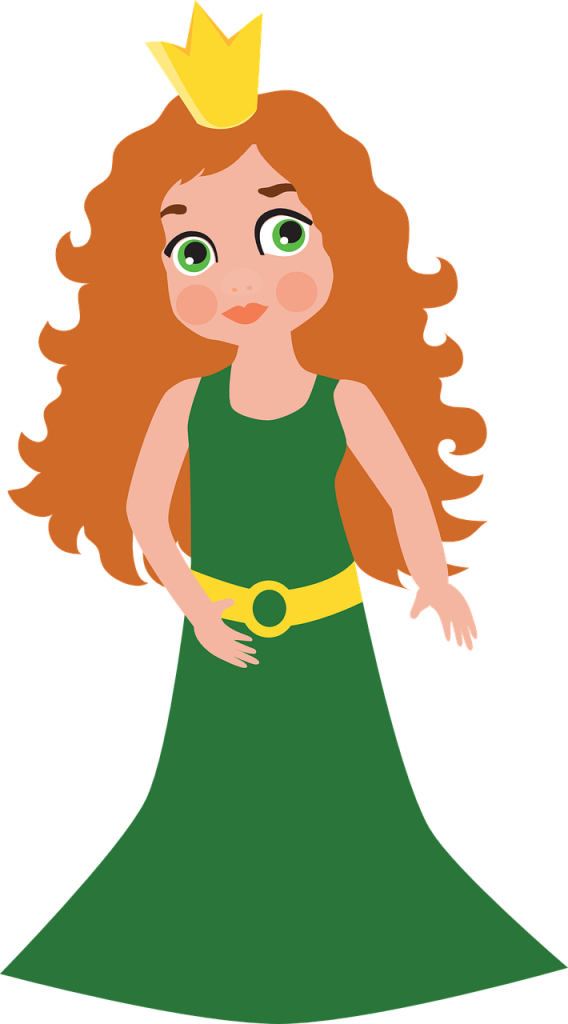 Die Prinzessin als Comicfigur mit grünem Kleid und einer Krone auf den rotbraunen, langen, welligen Haaren.