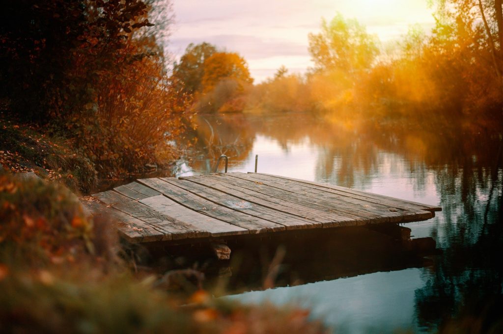 Dein erster Download: Die Traumreise an den sicheren Ort. Ein Holzsteg an einem See in der Herbstsonne.