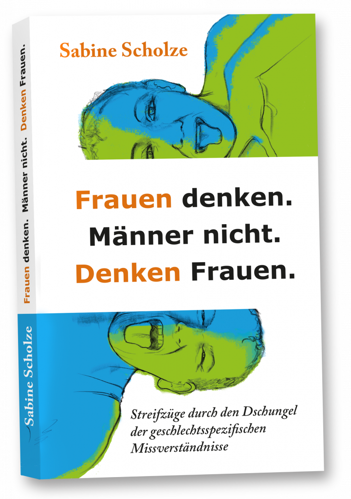 Das Cover von "Frauen denken. Männer nicht. Denken Frauen.": In Grün-Blau gehalten strecken ein Mann und eine Frau die Zunge heraus.