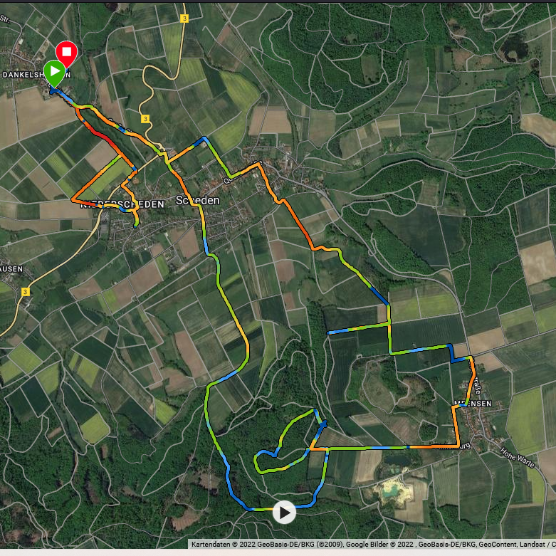 Während dieses Laufes habe ich über den Trauerprozess nachgedacht: Google Maps zeigt die gelaufene Strecke zwischen Dankelshausen, Meensen und Scheden.