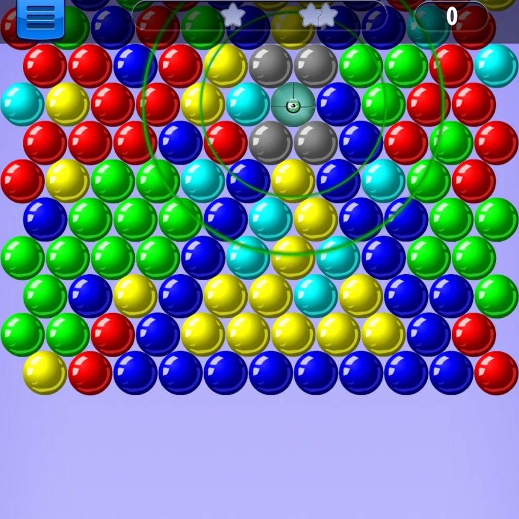 Screenshot eines Bubble Shooter Spiels.